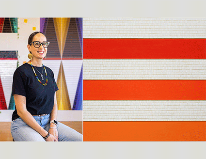 Portrait of Dyani White Hawk and an image of white and orange stripes