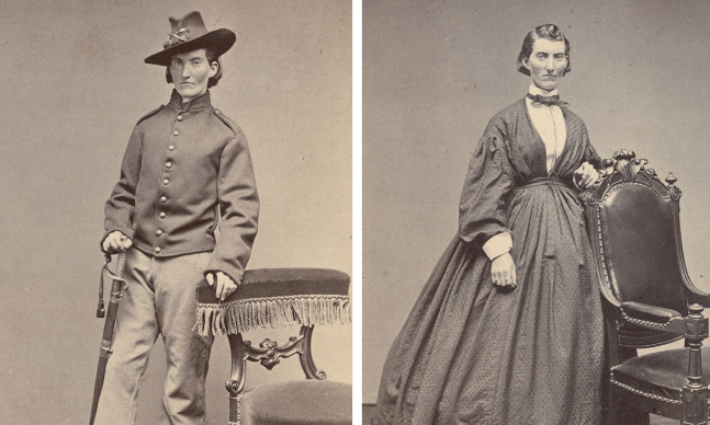 Frances Clayton in a union army uniform and in a female gender-conforming dress.